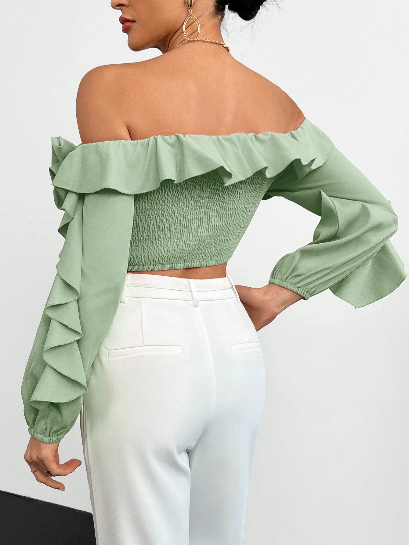 Privé Off Shoulder Ruffle Trim Lantern Sleeve Crop Top shein