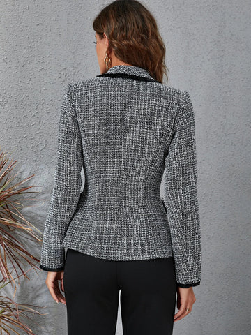 Privé Plaid Pattern Shawl Collar Double Breasted Contrast Binding Tweed Blazer shein