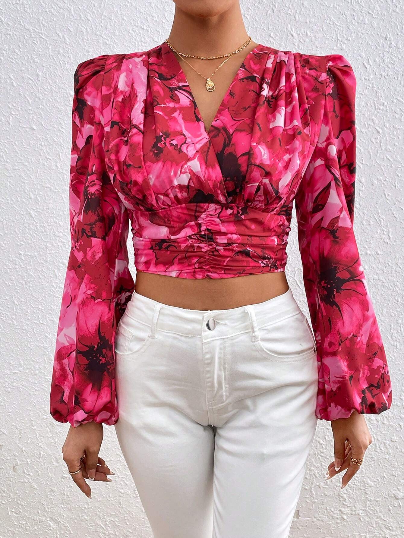 Privé Printed Lantern Sleeve Cropped Blouse With Pleats shein