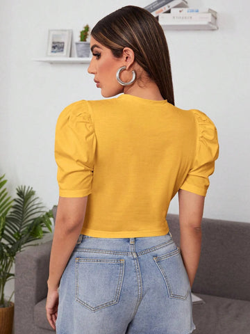 Privé Puff Sleeve Cross Wrap Crop Top shein