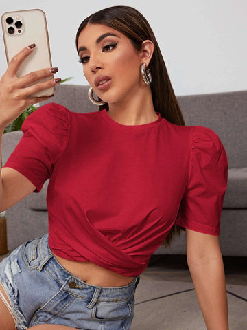 Privé Puff Sleeve Cross Wrap Crop Top shein