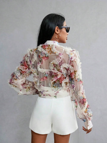 Privé Random Printed Long Sleeve Blouse shein