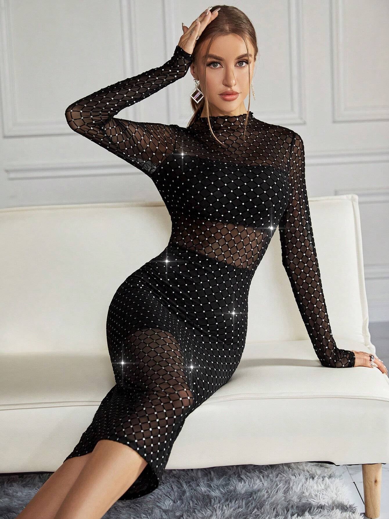 Privé Rhinestone Studded Mesh Bodycon Dress Without Lingerie Set shein