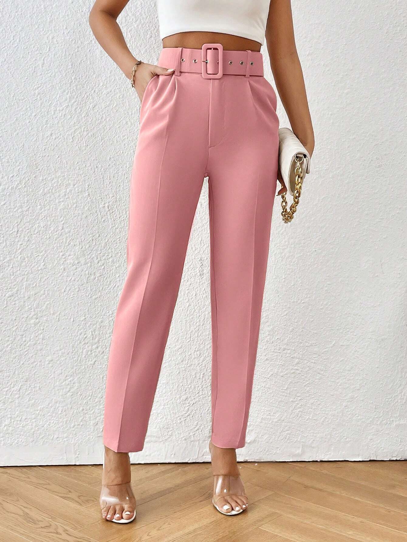 Privé Solid Belted Tapered Pants shein