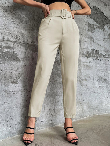 Privé Solid Belted Tapered Pants shein