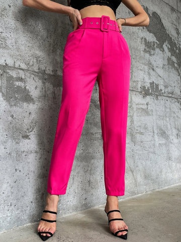 Privé Solid Belted Tapered Pants shein