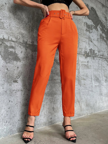 Privé Solid Belted Tapered Pants shein