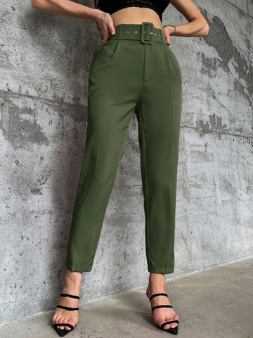 Privé Solid Belted Tapered Pants shein