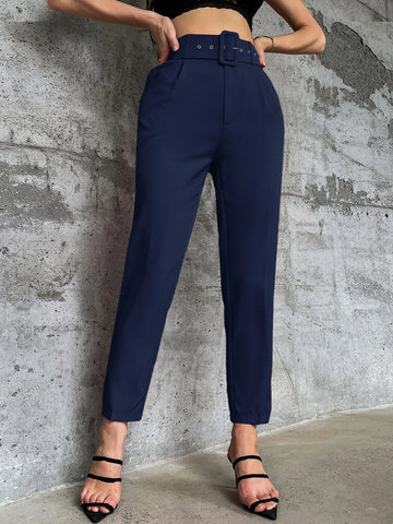 Privé Solid Belted Tapered Pants shein