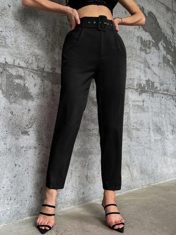 Privé Solid Belted Tapered Pants shein