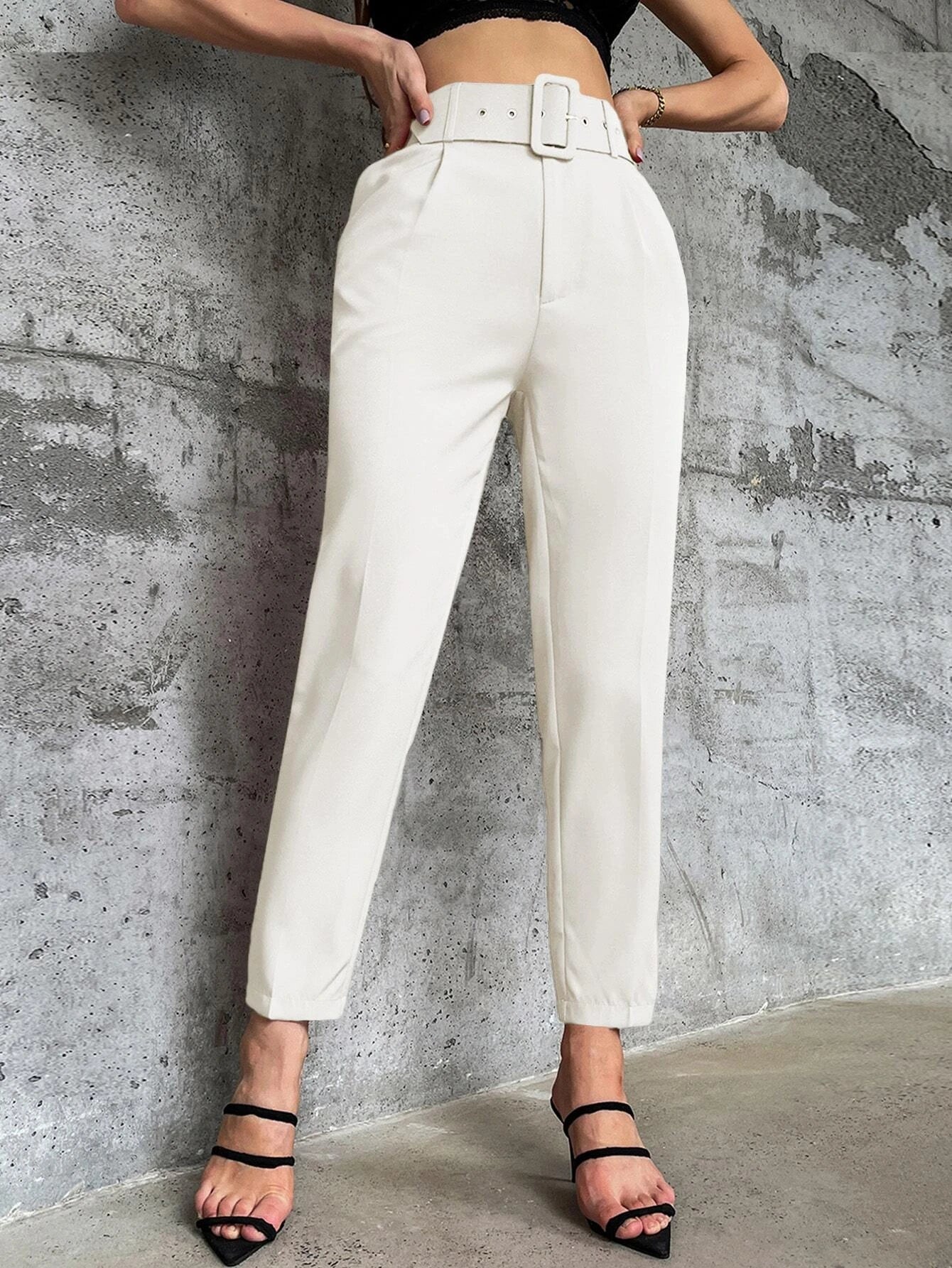 Privé Solid Belted Tapered Pants shein