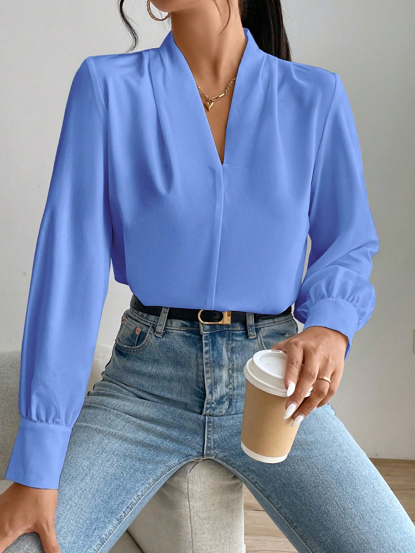 Privé Solid Bishop Sleeve Blouse shein