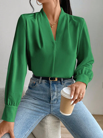 Privé Solid Bishop Sleeve Blouse shein