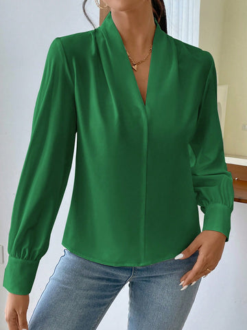 Privé Solid Bishop Sleeve Blouse shein