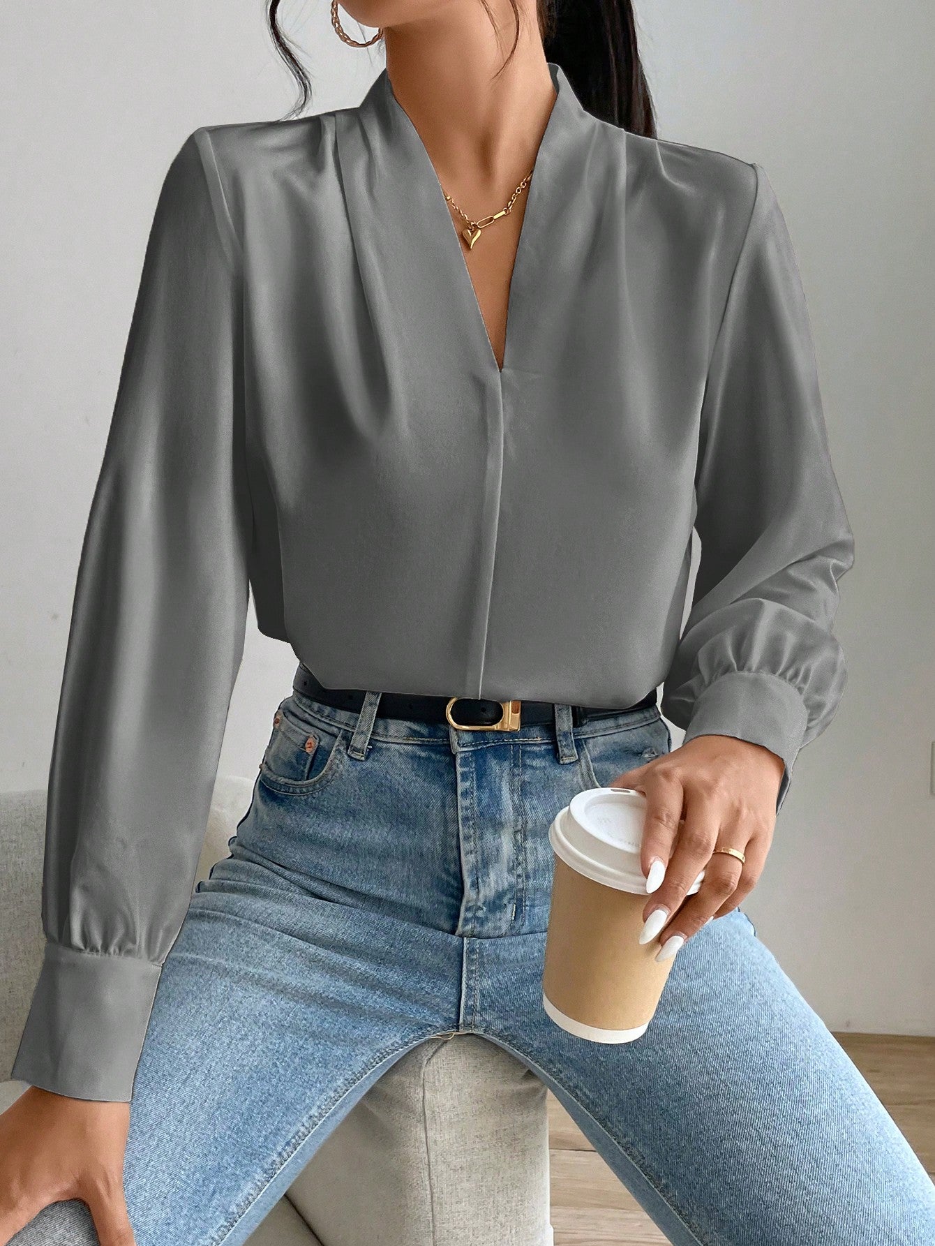 Privé Solid Bishop Sleeve Blouse shein