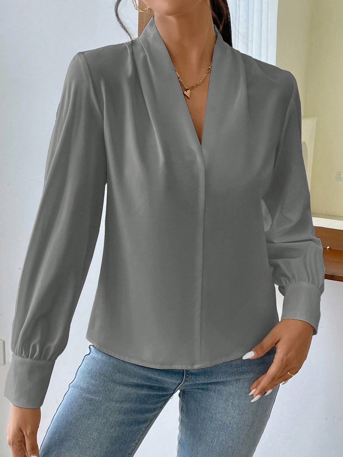 Privé Solid Bishop Sleeve Blouse shein