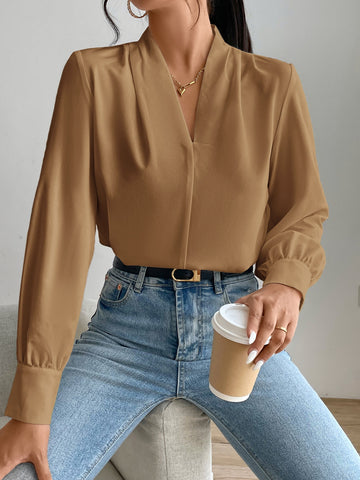 Privé Solid Bishop Sleeve Blouse shein