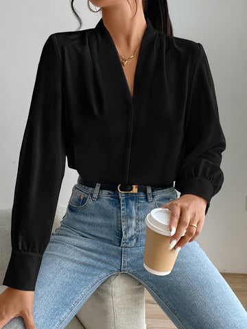 Privé Solid Bishop Sleeve Blouse shein