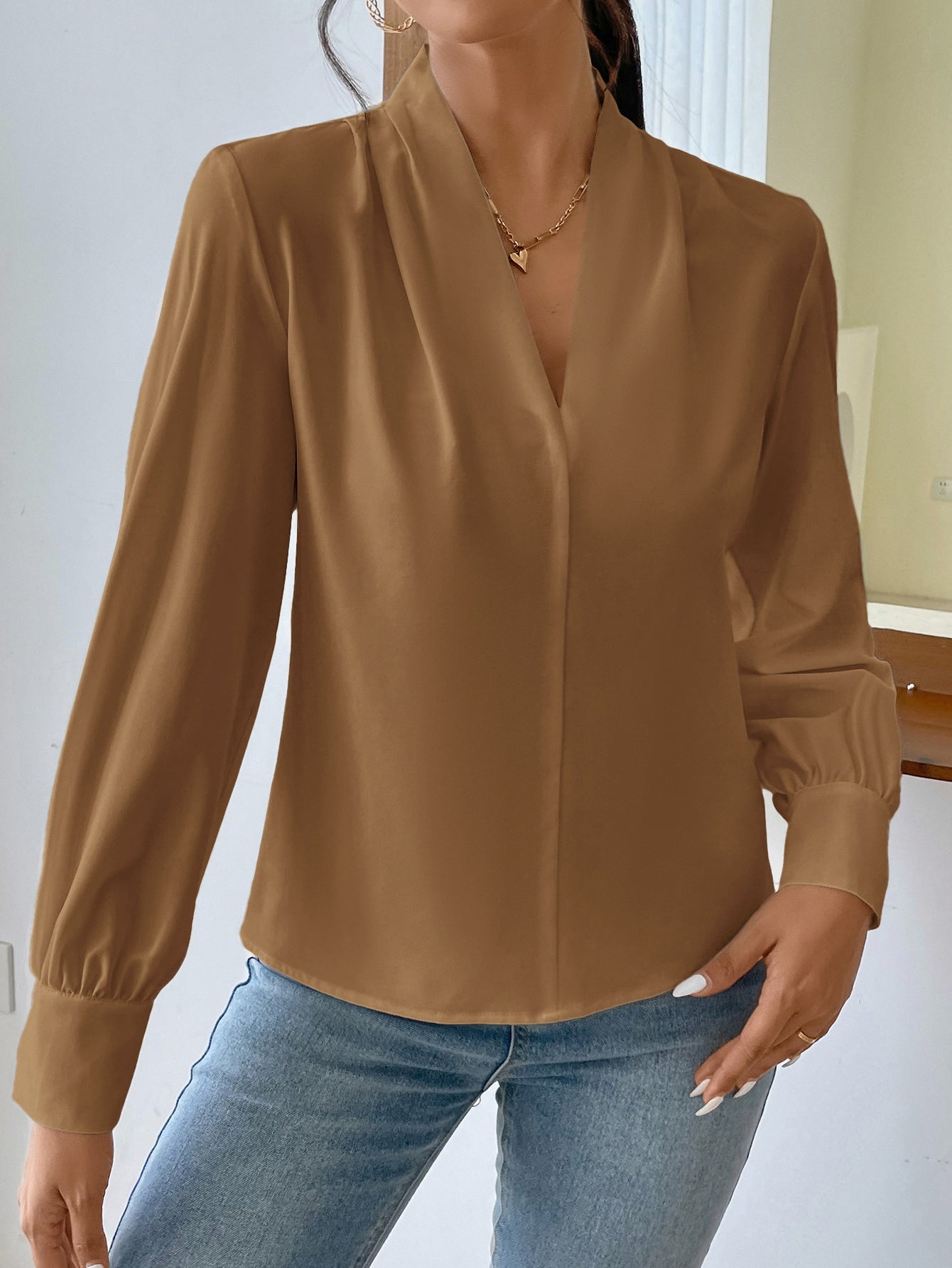 Privé Solid Bishop Sleeve Blouse shein