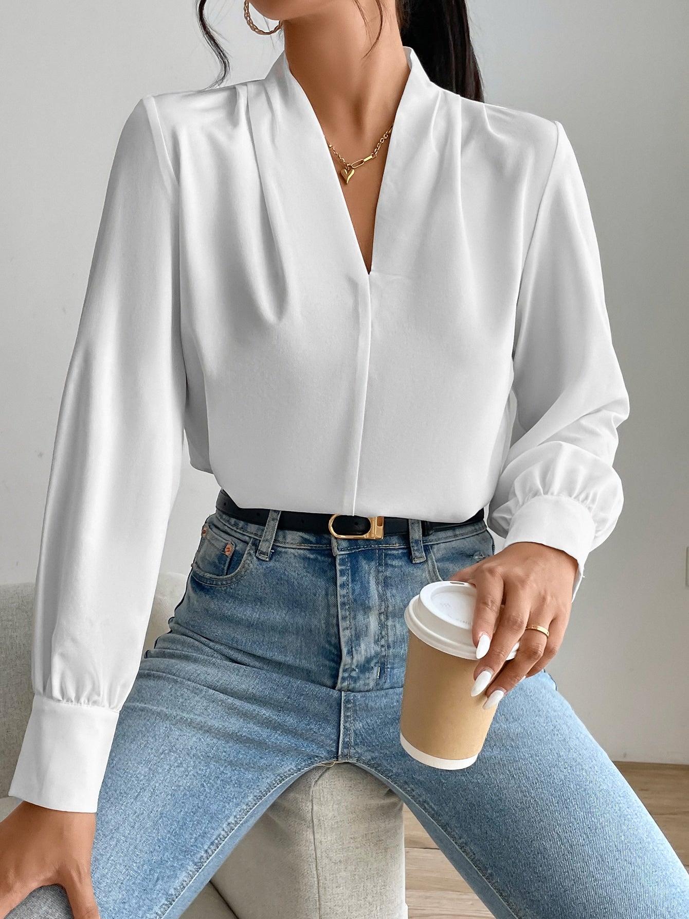 Privé Solid Bishop Sleeve Blouse shein