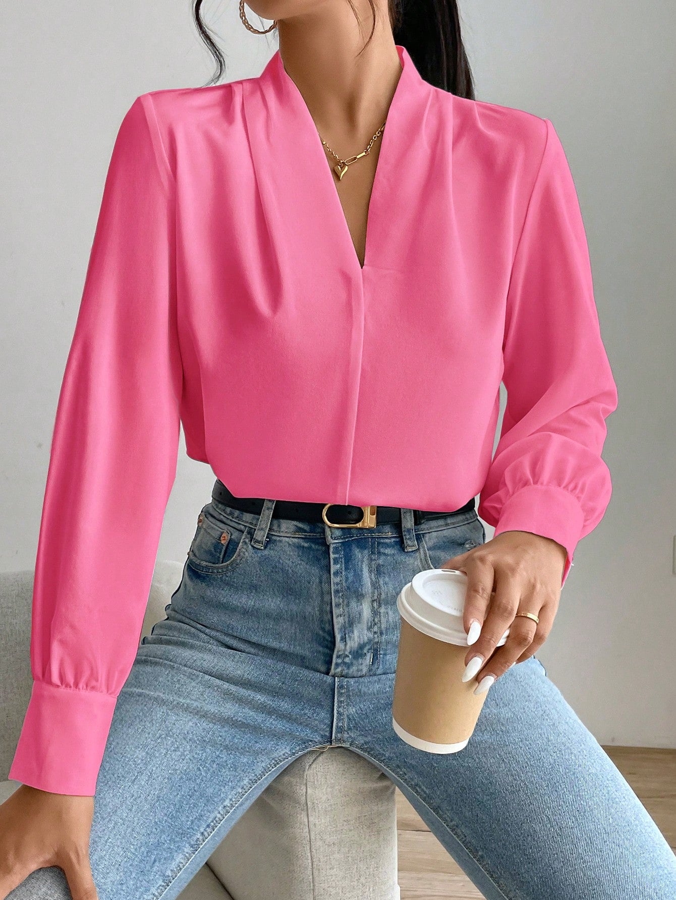 Privé Solid Bishop Sleeve Blouse shein