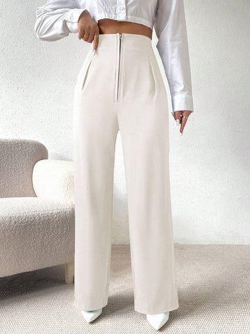 Privé Solid Color Zipper Fly Women's Long Pants shein