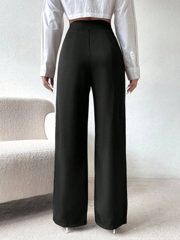 Privé Solid Color Zipper Fly Women's Long Pants shein