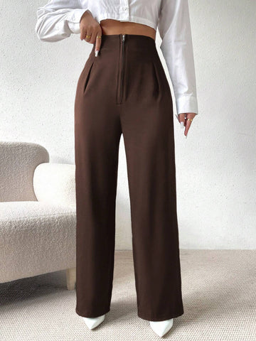 Privé Solid Color Zipper Fly Women's Long Pants shein