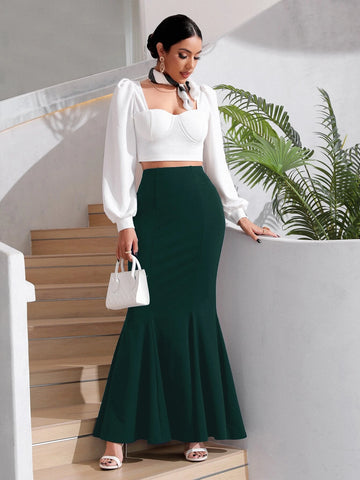 Privé Solid Mermaid Hem Skirt shein