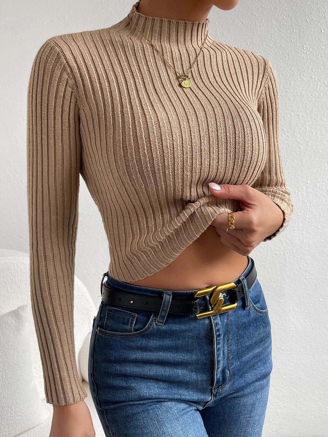 Privé Solid Mock Neck Crop Sweater shein