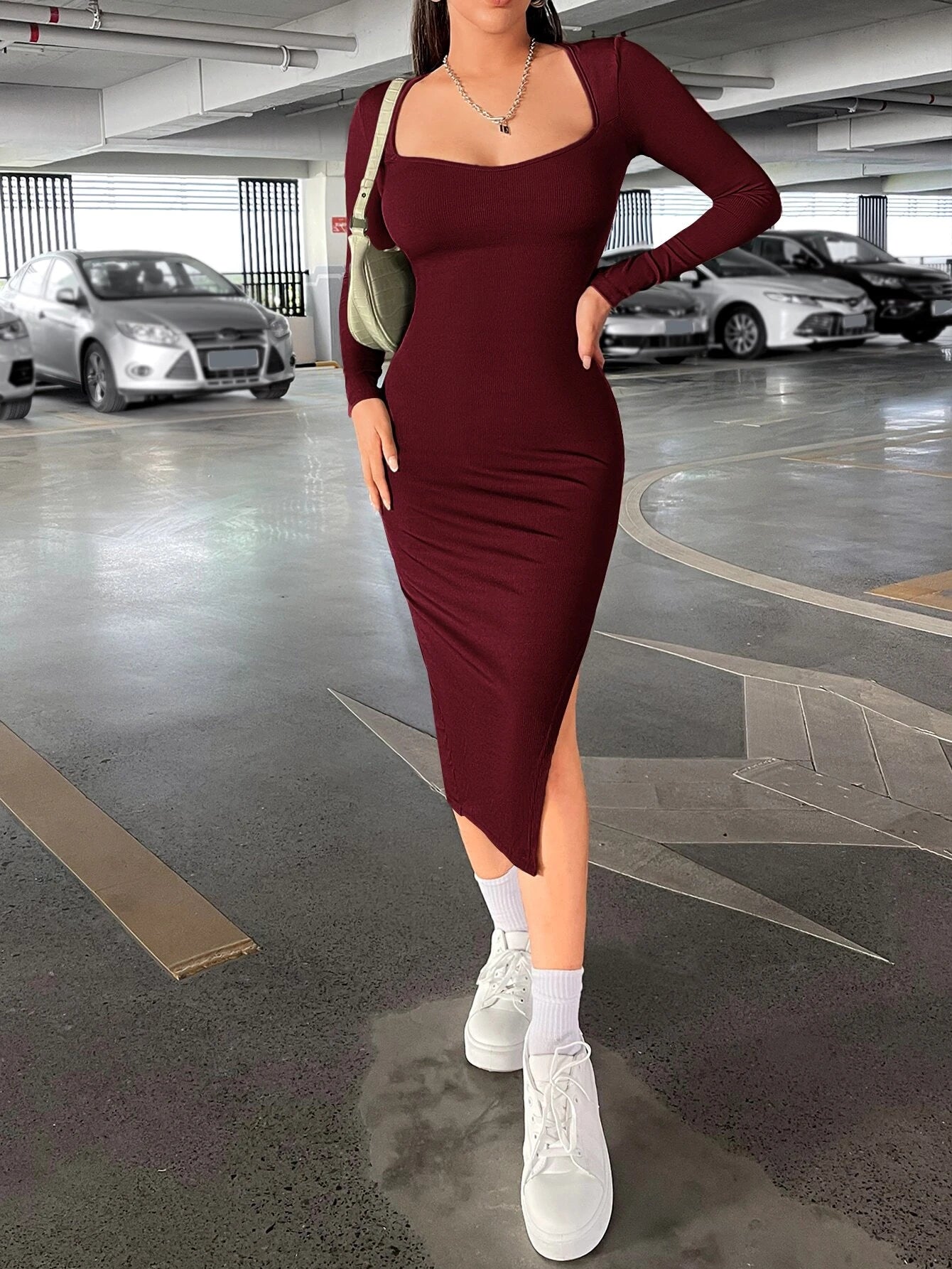 Privé Sweetheart Neck Split Thigh Women Bodycon Dress shein