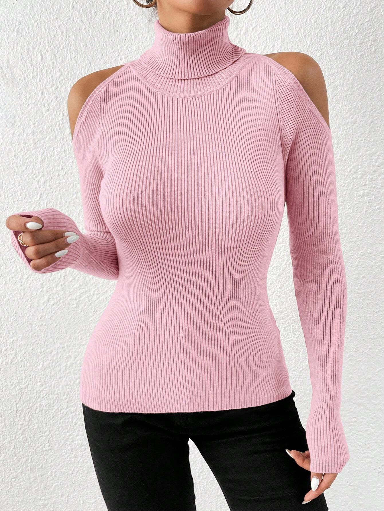 Privé Turtleneck Cold Shoulder Sweater shein