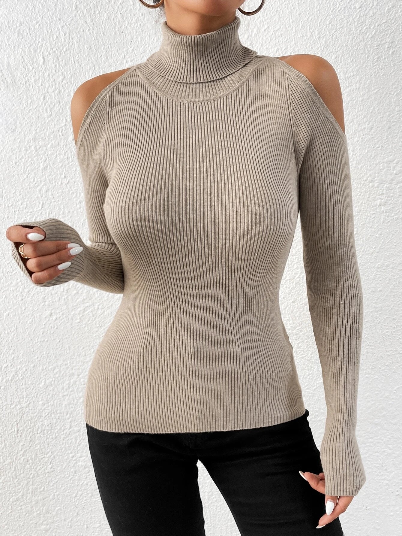 Privé Turtleneck Cold Shoulder Sweater shein