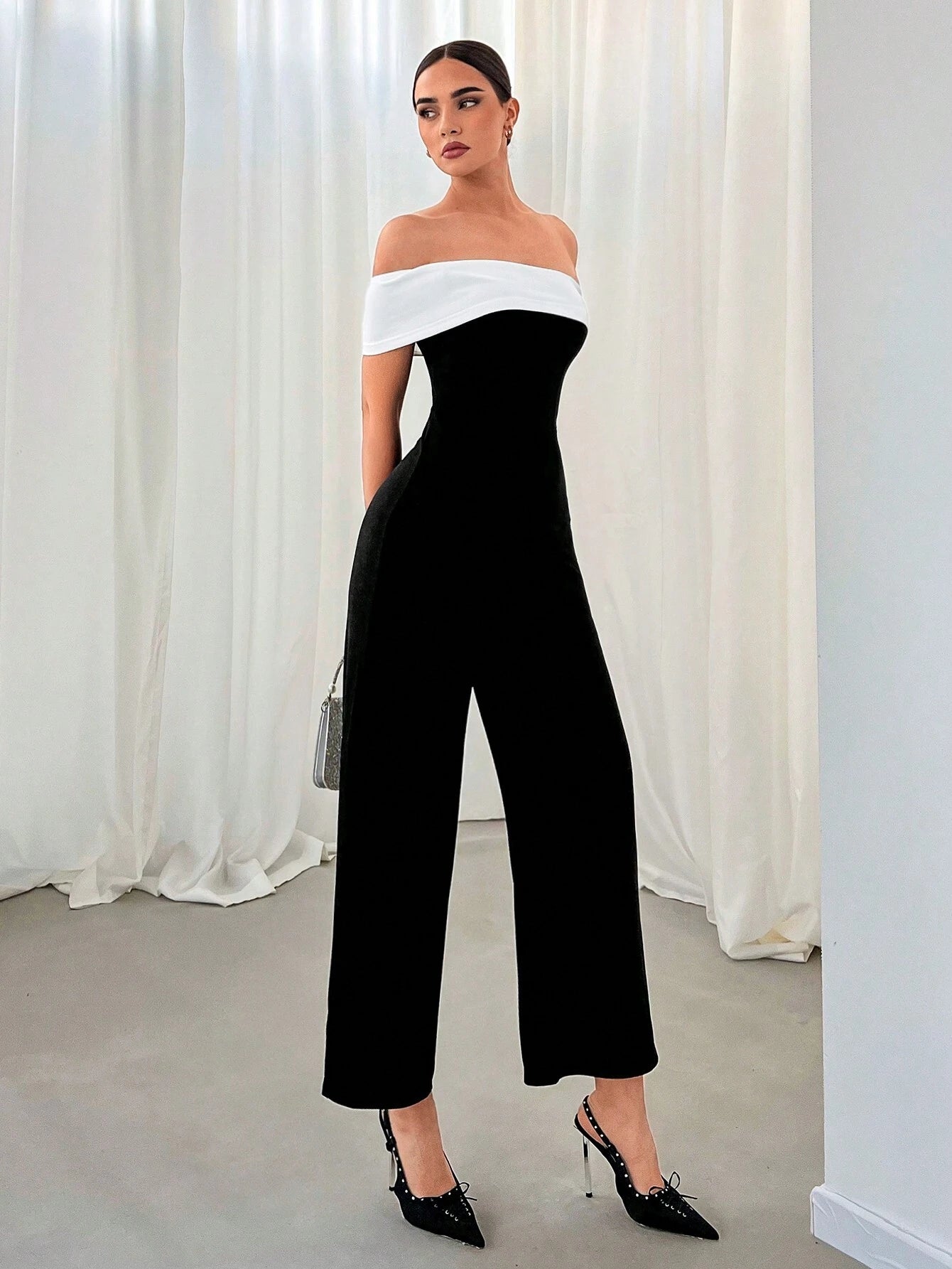 Privé Women's Contrast Color One Shoulder Jumpsuit For Romantic Date, Party, Commuting shein