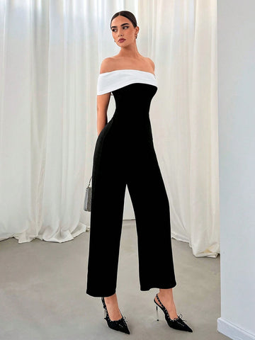 Privé Women's Contrast Color One Shoulder Jumpsuit For Romantic Date, Party, Commuting shein