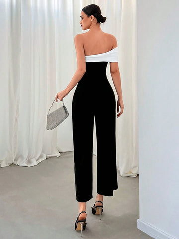Privé Women's Contrast Color One Shoulder Jumpsuit For Romantic Date, Party, Commuting shein