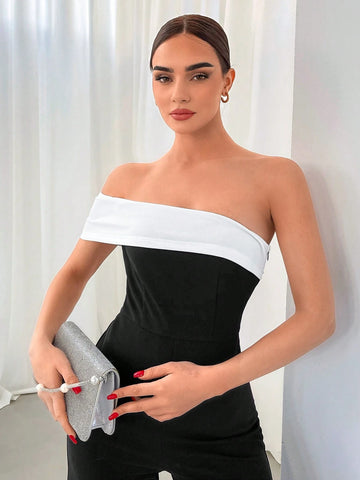 Privé Women's Contrast Color One Shoulder Jumpsuit For Romantic Date, Party, Commuting shein