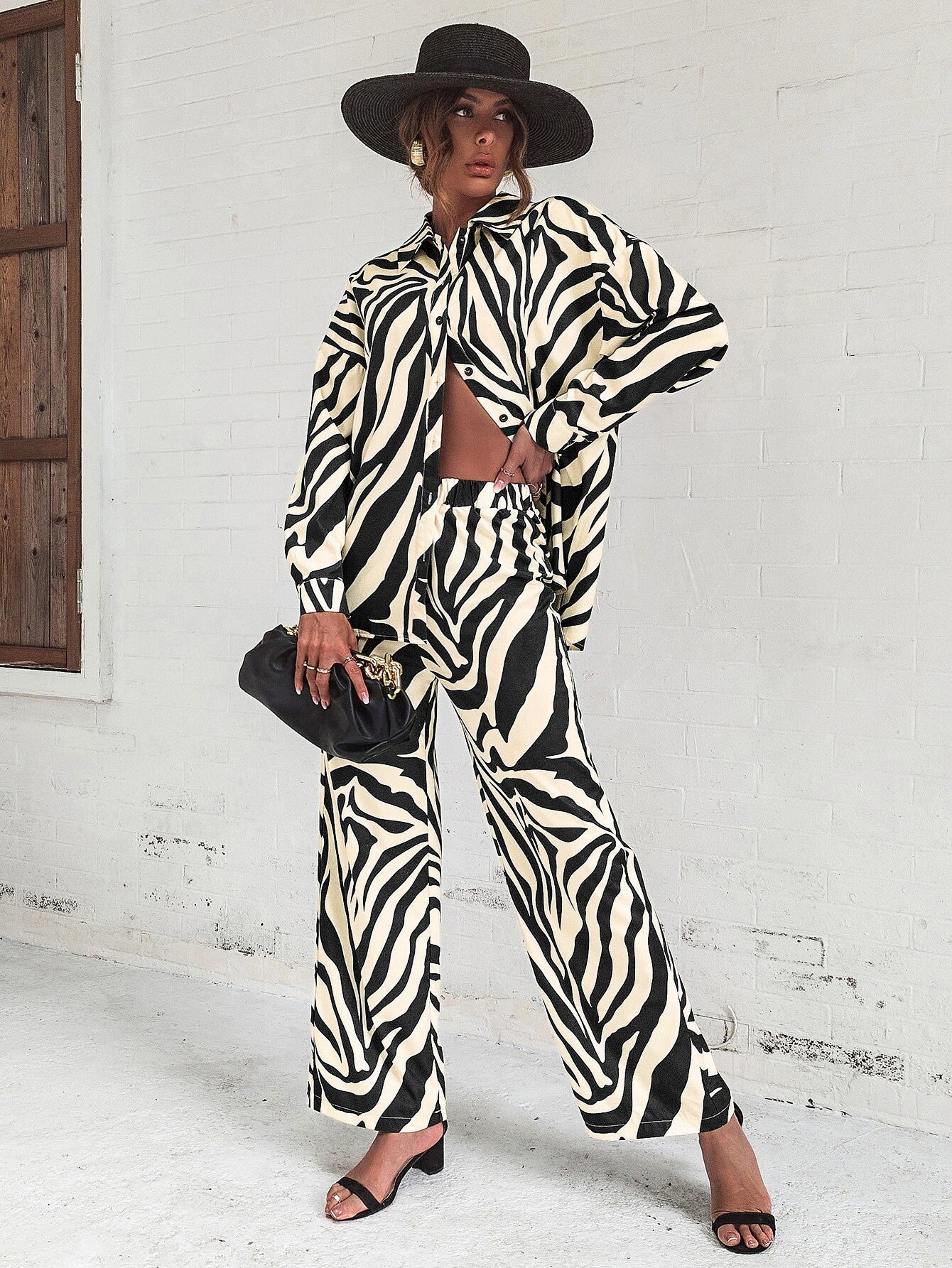 Privé Zebra Striped Drop Shoulder Shirt & Wide Leg Pants shein