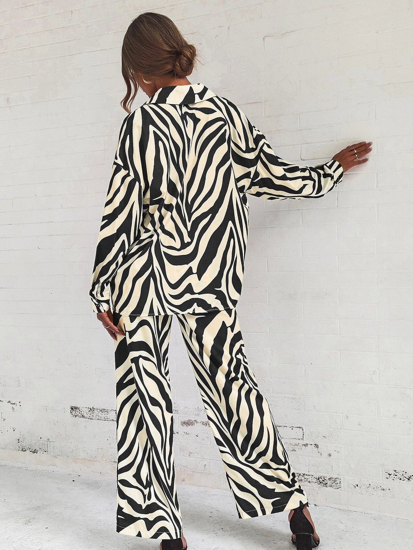 Privé Zebra Striped Drop Shoulder Shirt & Wide Leg Pants shein