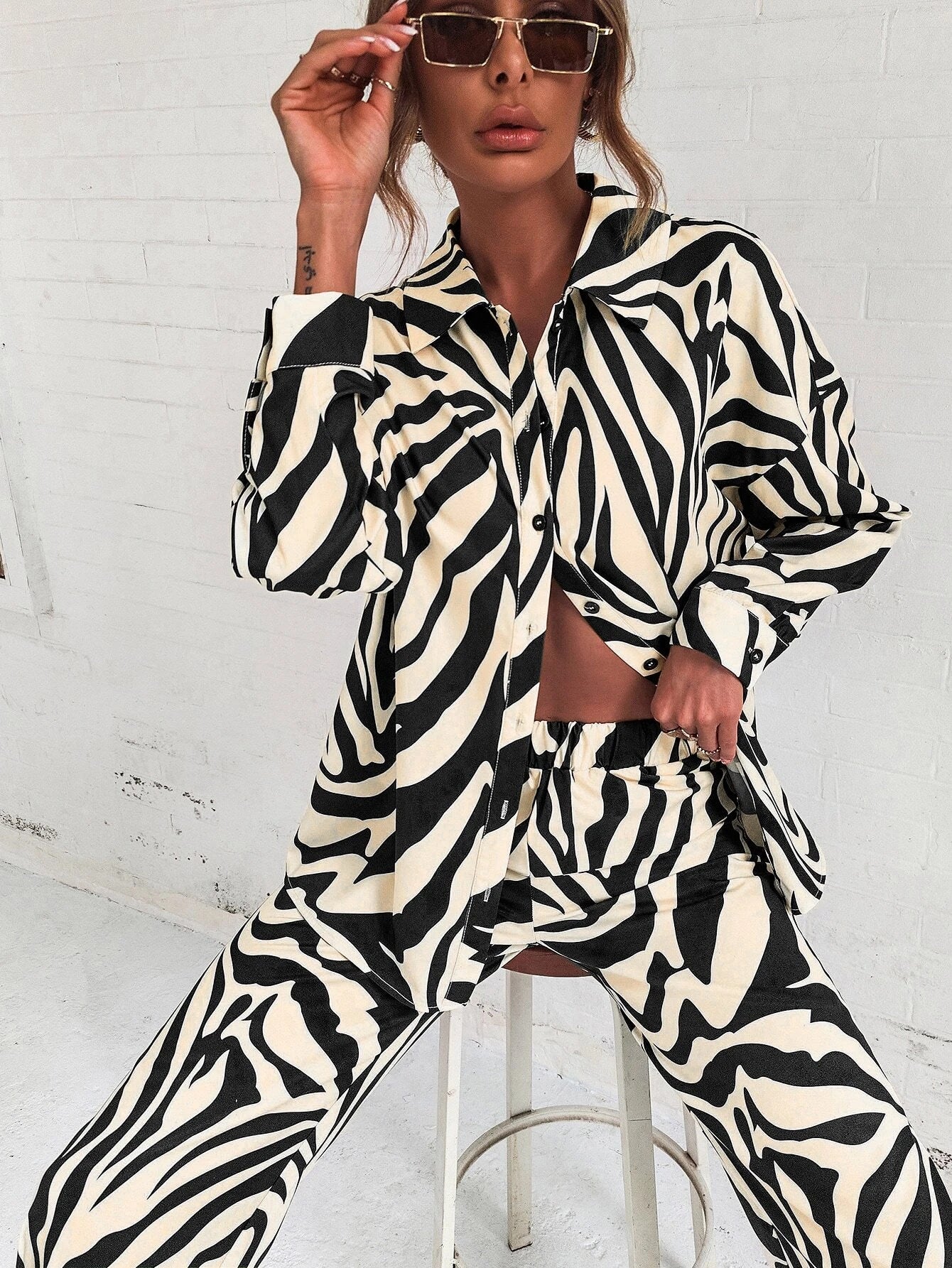 Privé Zebra Striped Drop Shoulder Shirt & Wide Leg Pants shein