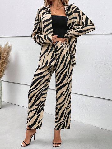 Privé Zebra Striped Drop Shoulder Shirt & Wide Leg Pants shein