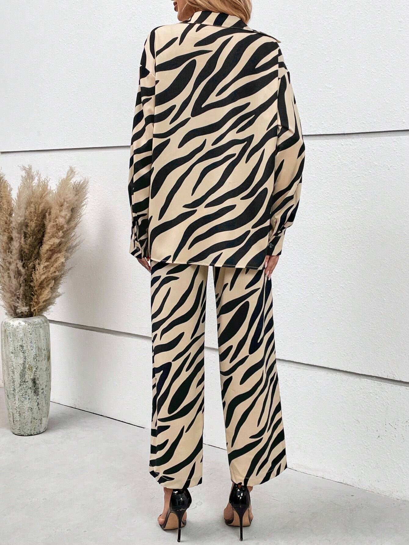 Privé Zebra Striped Drop Shoulder Shirt & Wide Leg Pants shein