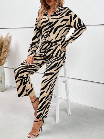 Privé Zebra Striped Drop Shoulder Shirt & Wide Leg Pants shein