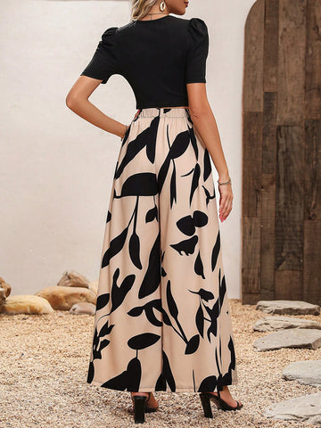 Puff Sleeve Tee & Plants Print Wide Leg Pants shein