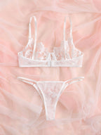 Pure Desire Women's Floral Embroidery Mesh Lingerie Two-Piece Set With Underwire And Thong shein