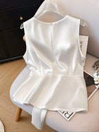 Women's V-Neck Sleeveless Waist Tie Bow Decor Simple Solid Elegant Design Camisole Tank Top shein