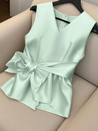 Women's V-Neck Sleeveless Waist Tie Bow Decor Simple Solid Elegant Design Camisole Tank Top shein