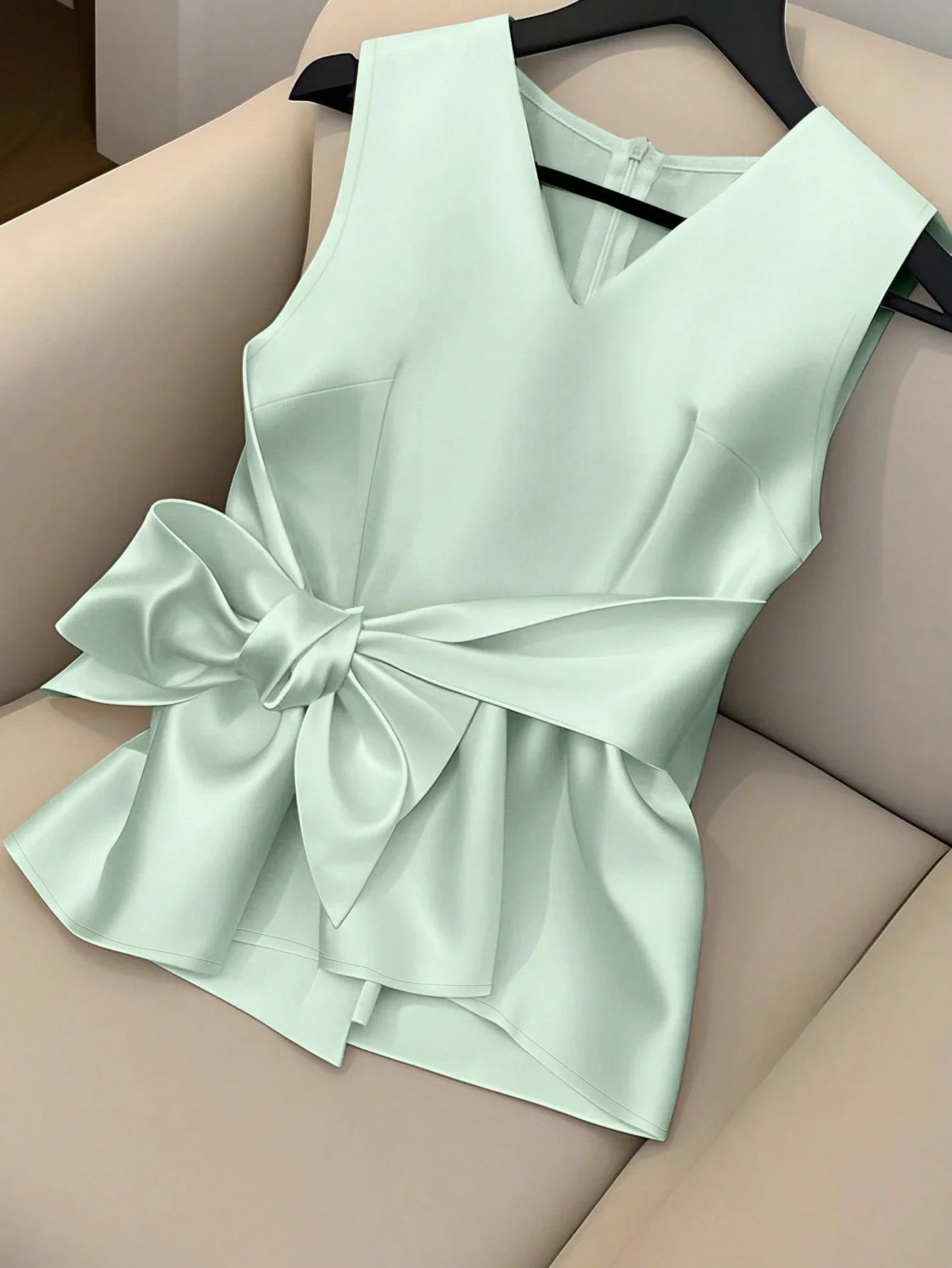 Women's V-Neck Sleeveless Waist Tie Bow Decor Simple Solid Elegant Design Camisole Tank Top shein