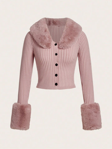 Qutie Borg Collar Fuzzy Cuff Cardigan shein