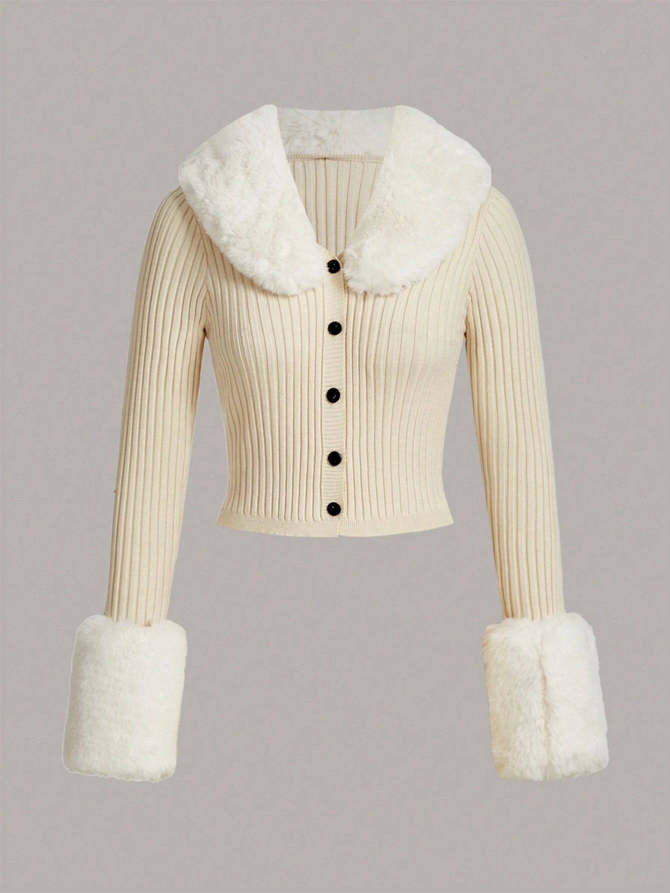 Qutie Borg Collar Fuzzy Cuff Cardigan shein